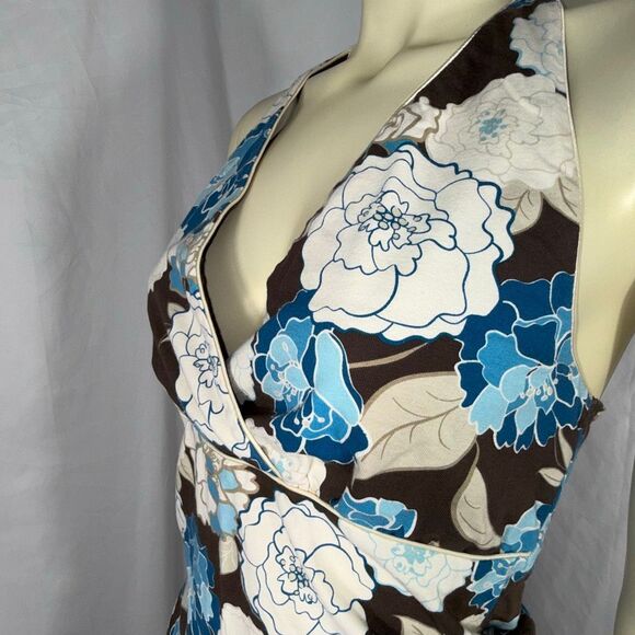 SO Y2K Brown Blue Floral Halter Top Women’s Size Large Retro 2000s Stretch Knit - Picture 7 of 12